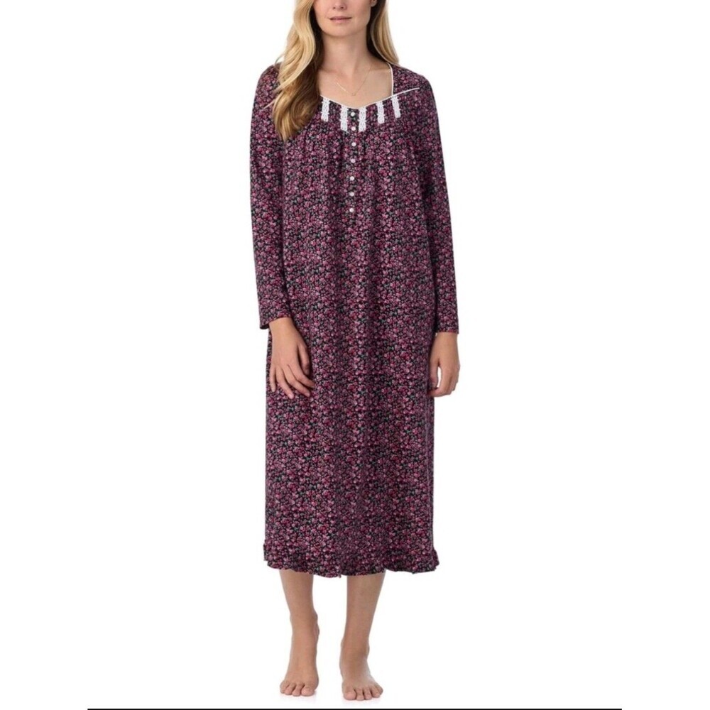Eileen West Womens XS Floral Knit Cotton Nightgown Lace Trim Cottage Romantic